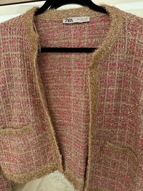 ZARA Pink and Gold Tweed Open Front Cardigan